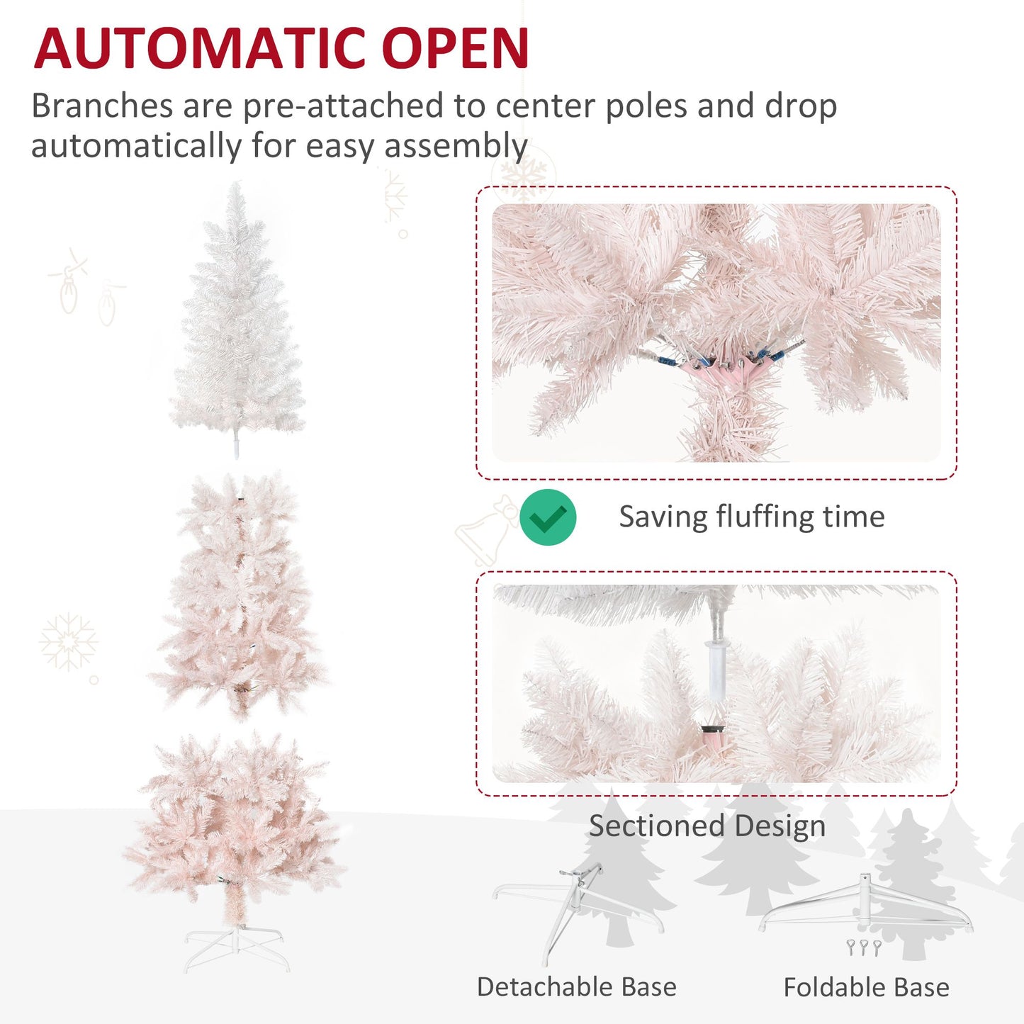 Pink and white artificial Christmas tree with automatic open branches and detachable foldable base