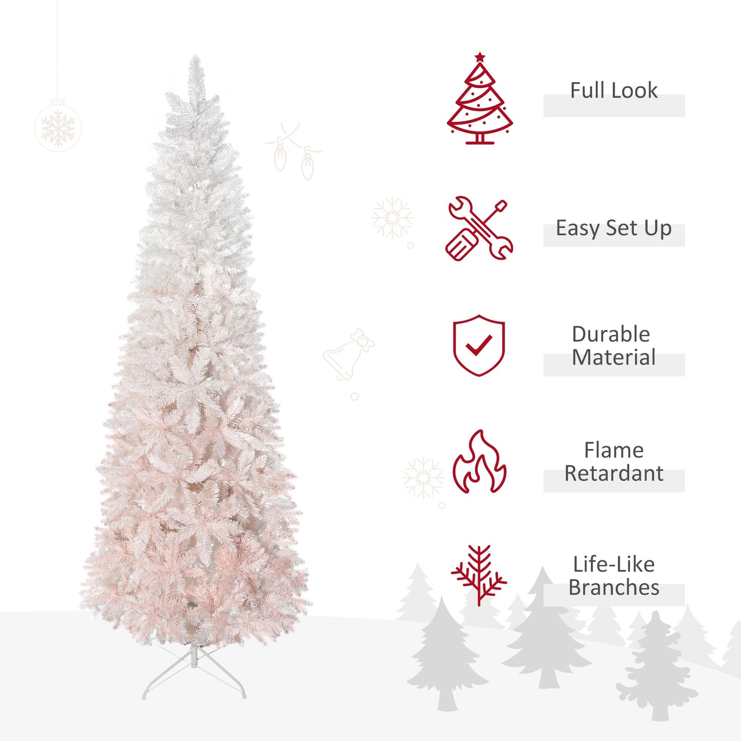 Pink and white artificial Christmas tree with life-like branches and durable flame retardant material