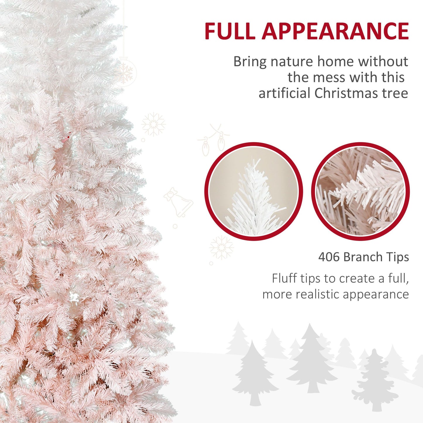 Pink and white artificial Christmas tree with 406 fluffy branch tips for a full realistic appearance