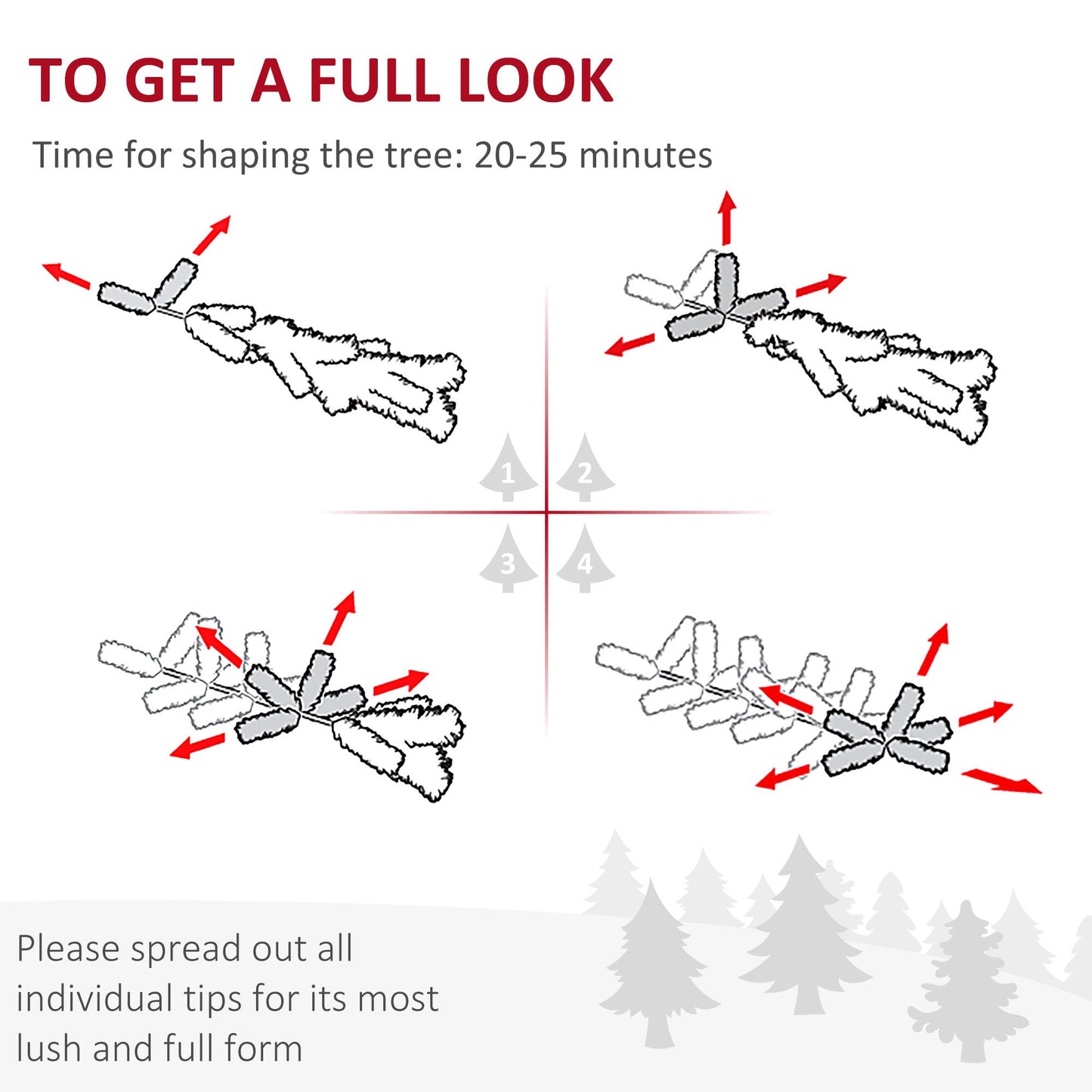 Instructional diagram showing how to shape the pink and white artificial Christmas tree branches for a full look