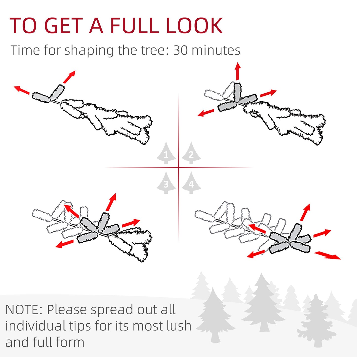 Step-by-step diagram showing how to shape pink artificial pencil Christmas tree branches for a full look
