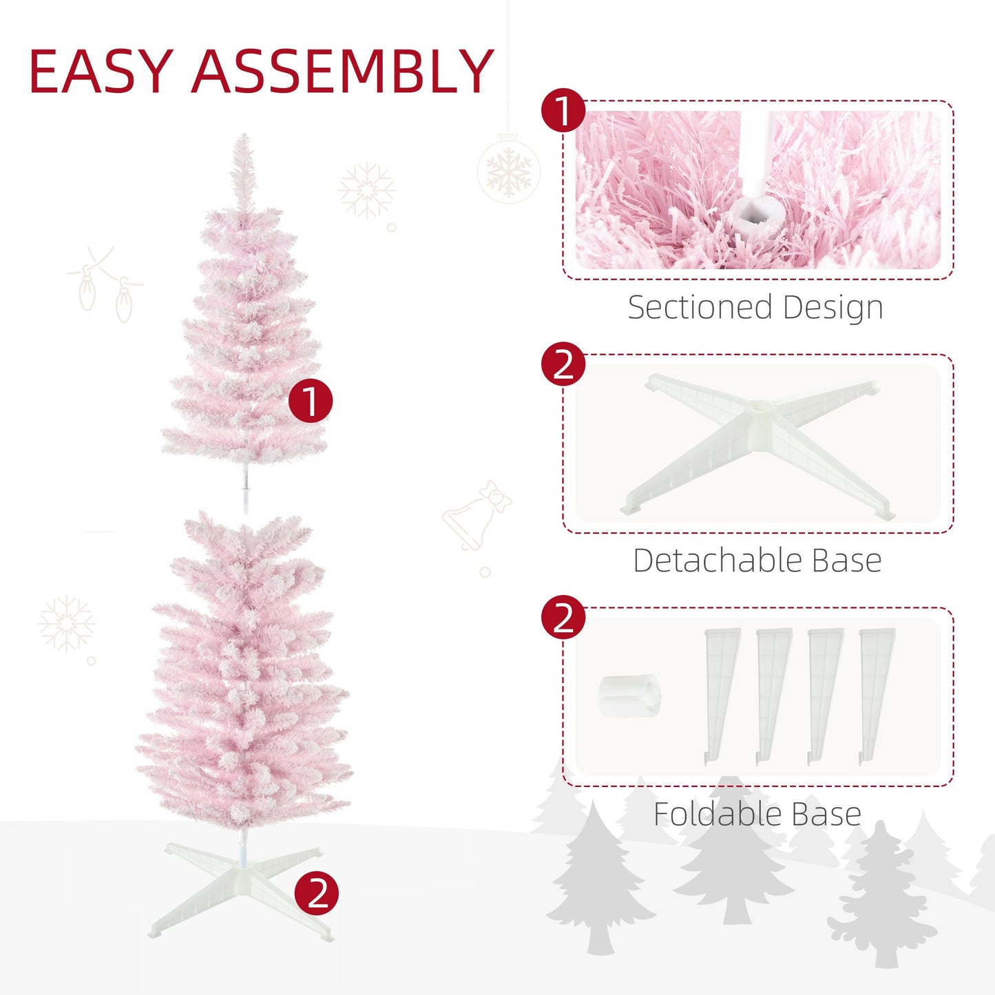 Easy assembly pink artificial pencil Christmas tree with detachable and foldable white base