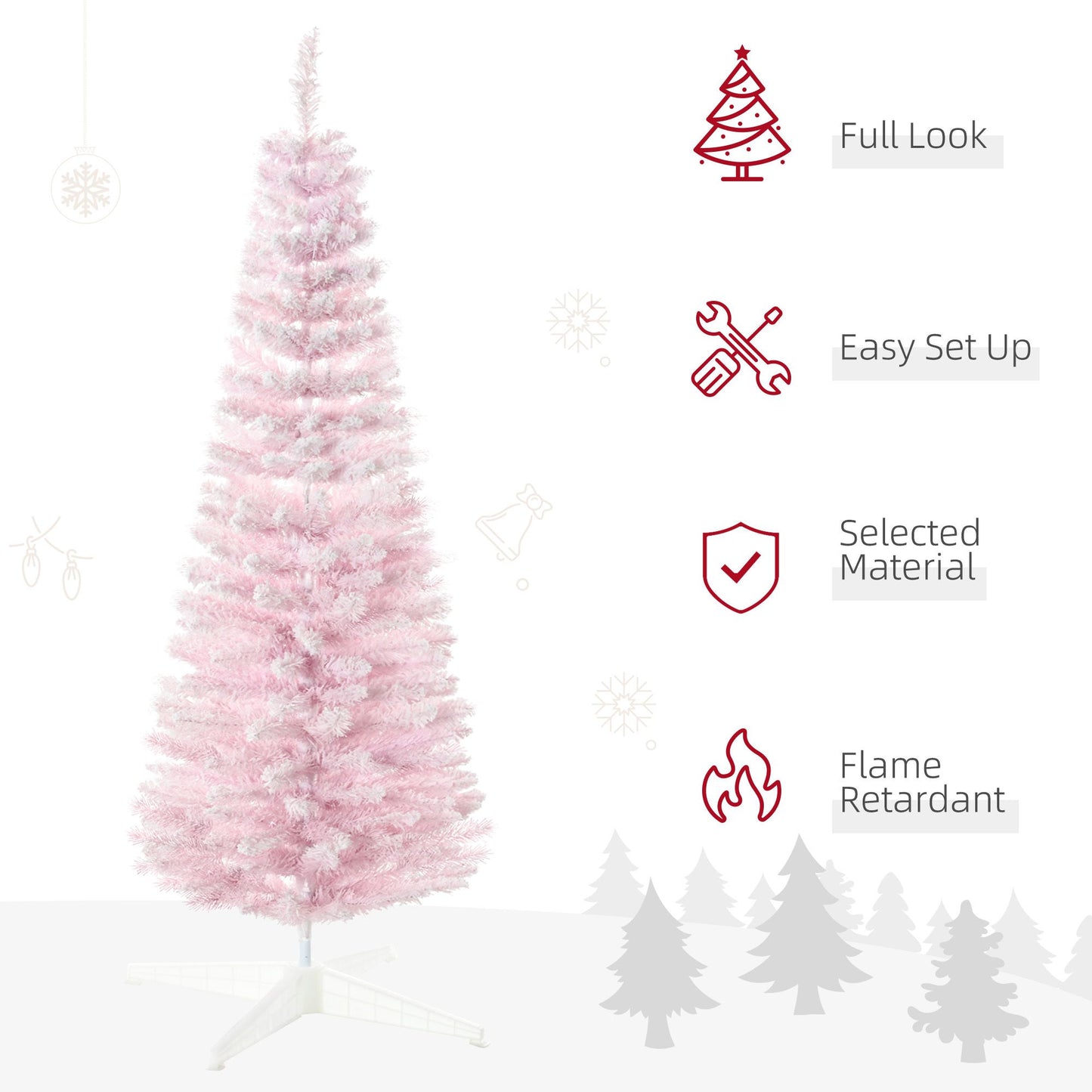Pink artificial pencil Christmas tree with easy set up and flame retardant material from FauxMart.com
