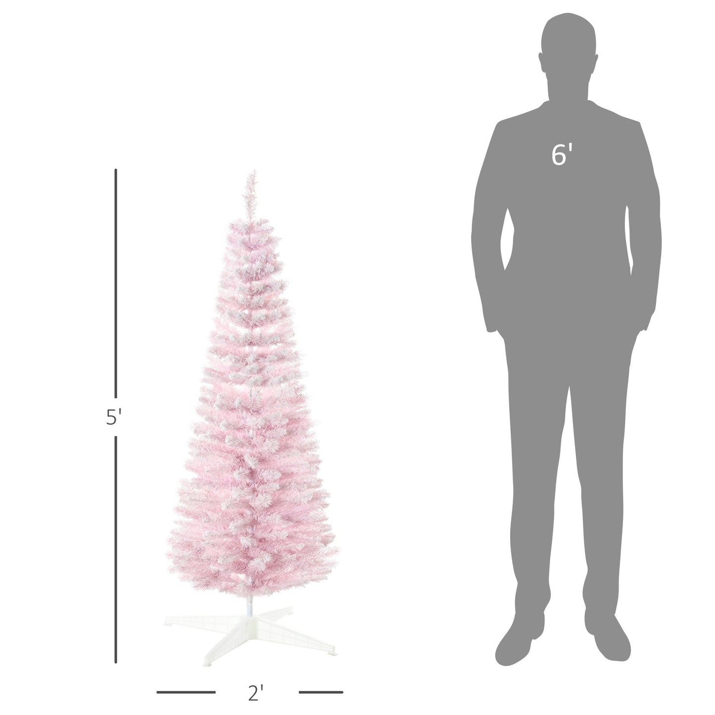 Pink artificial pencil Christmas tree 5 feet tall with slim design next to 6 feet tall man silhouette