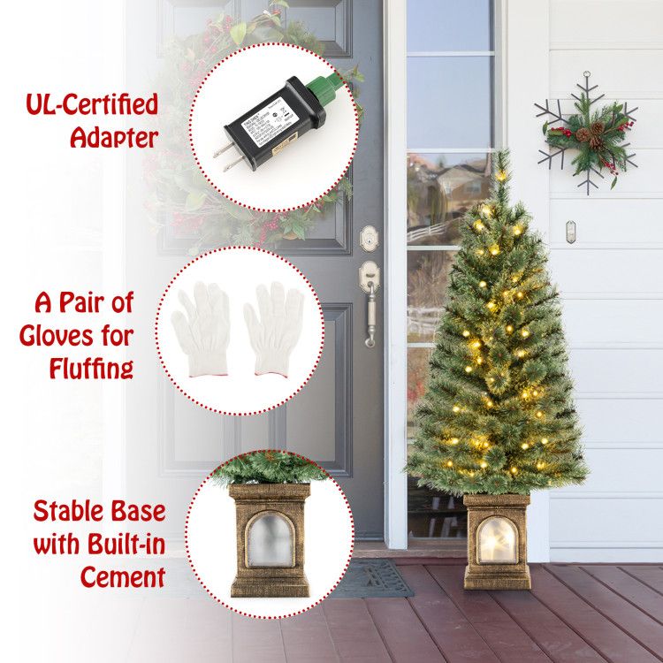 Pre-lit artificial Christmas tree with stable base, UL-certified adapter, and gloves for fluffing