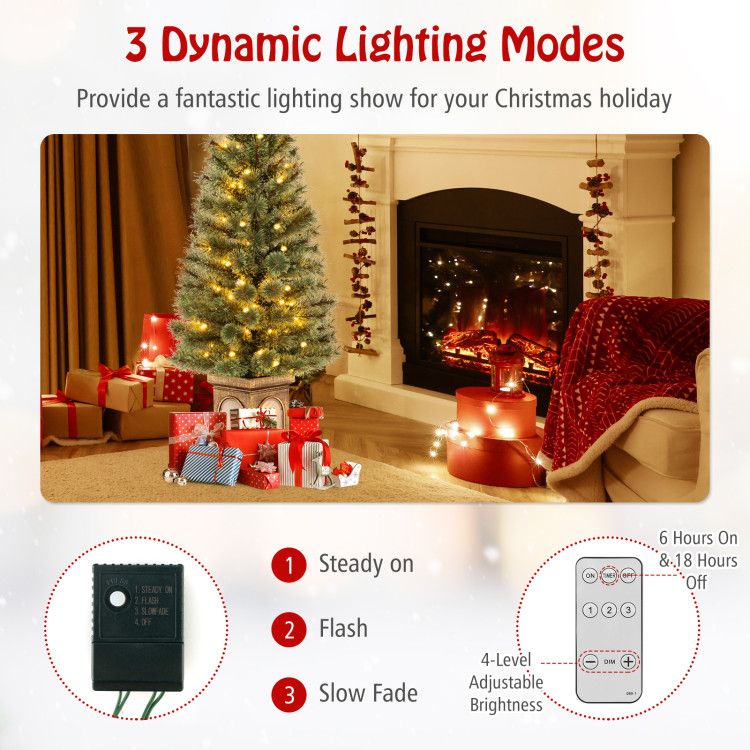 Pre-lit artificial Christmas tree with dynamic lighting modes in a cozy holiday setting