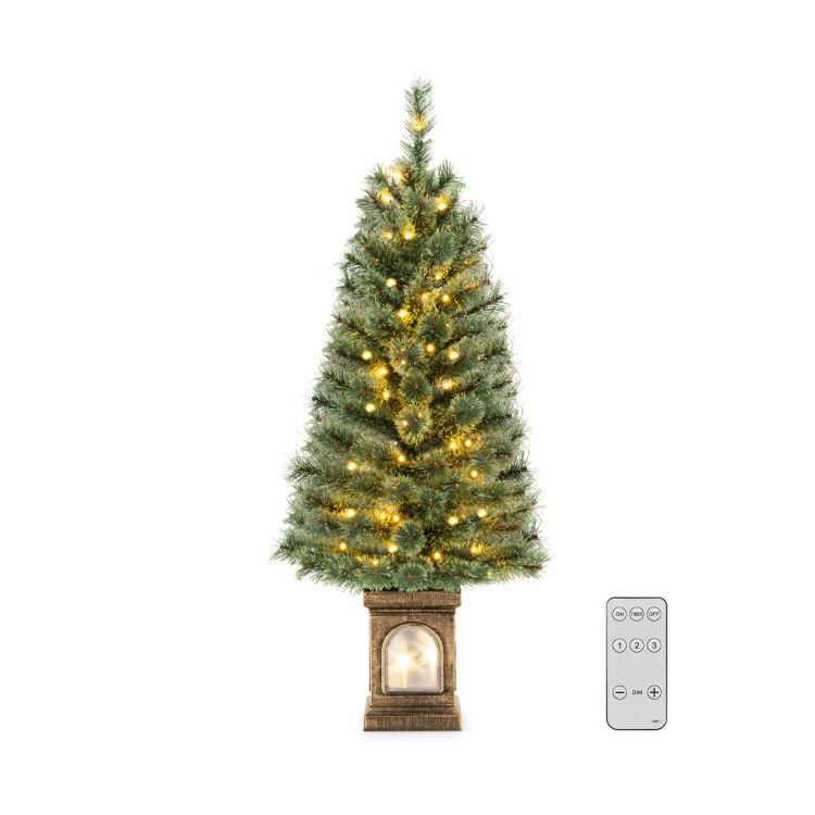 Pre-lit artificial Christmas tree with warm white lights and remote control for easy operation
