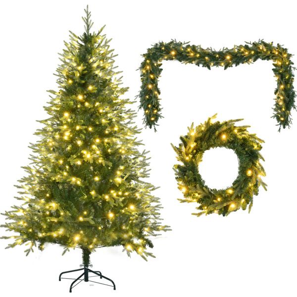 6ft pre-lit Aspen fir Christmas tree with warm white lights and matching garland and wreath