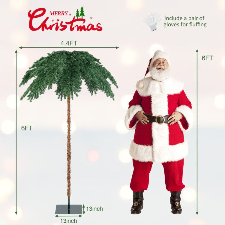 6-foot pre-lit Christmas palm tree with 4.4-foot wide branches and included gloves for fluffing