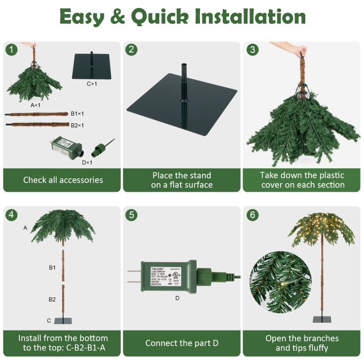 Step-by-step installation guide for pre-lit Christmas palm tree with parts and assembly instructions