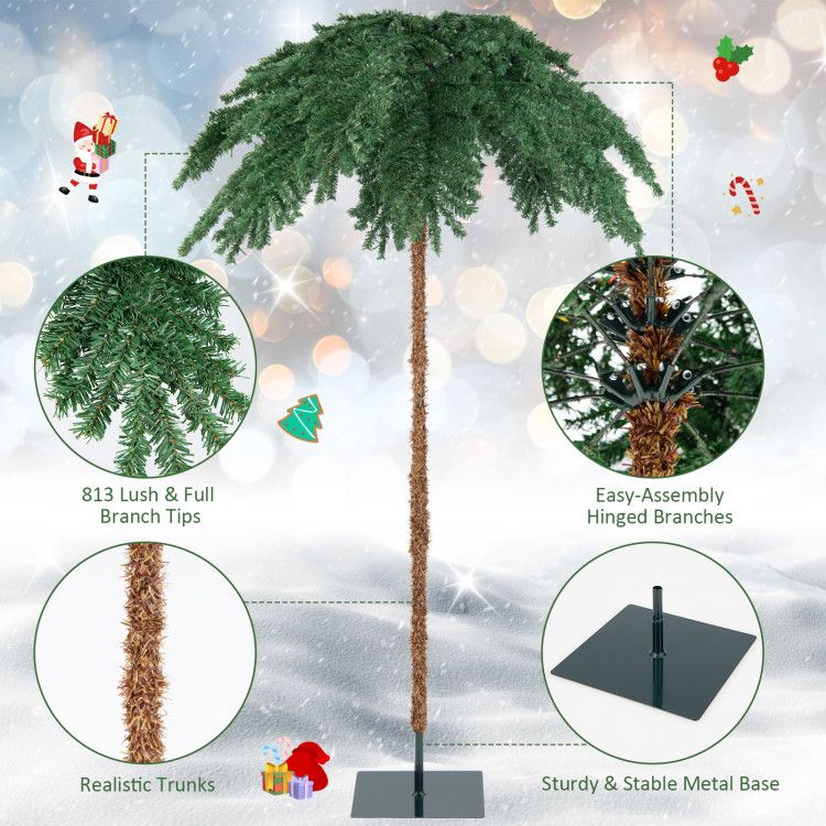 FauxMart.com pre-lit Christmas palm tree with lush branch tips, realistic trunks, hinged branches, and metal base