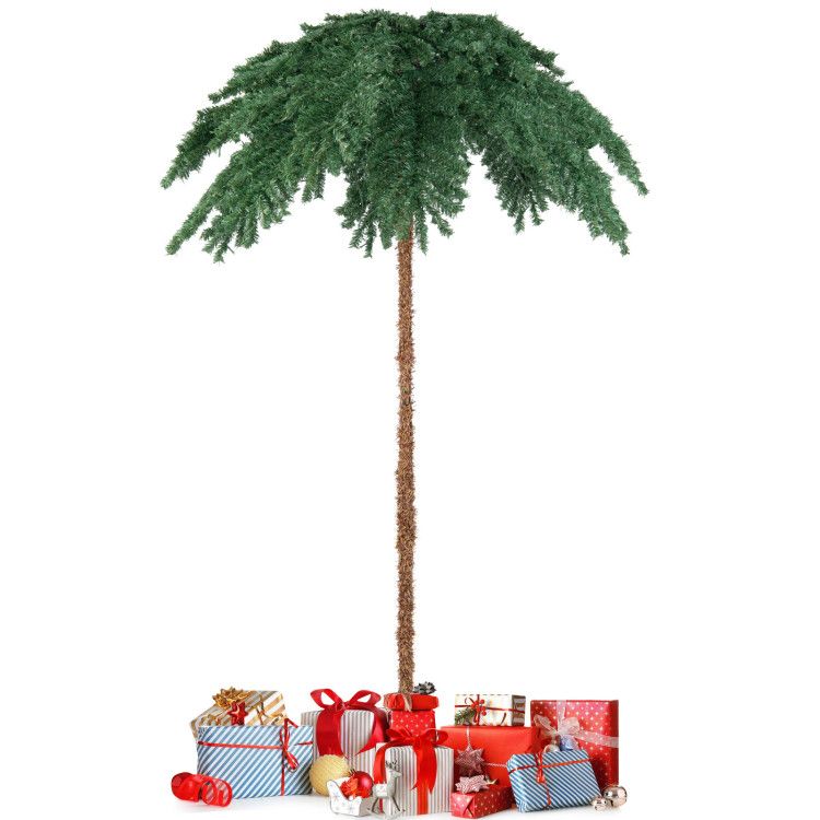 FauxMart.com pre-lit Christmas palm tree with green branches and wrapped holiday gifts underneath