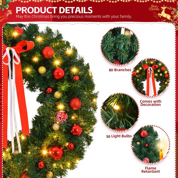24 inch pre-lit Christmas wreath with 80 branches, 50 lights, and decorative ornaments