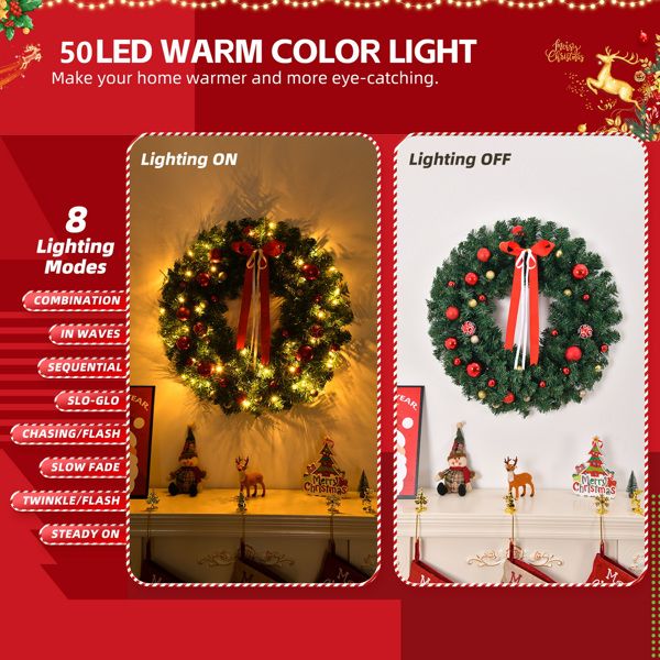 Pre-lit Christmas wreath 24 inch with 50 LED warm color lights and festive decorations in eight lighting modes