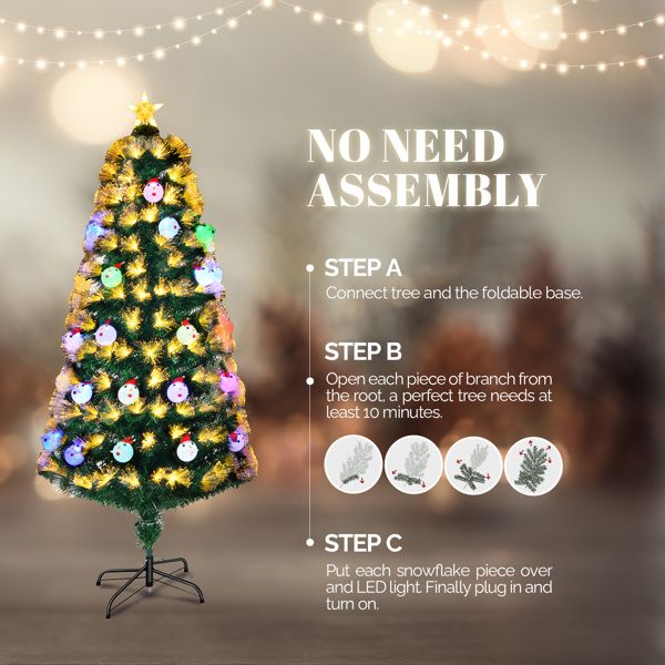 Pre-lit fiber optic Christmas tree with colorful decorations and easy assembly instructions for festive decor