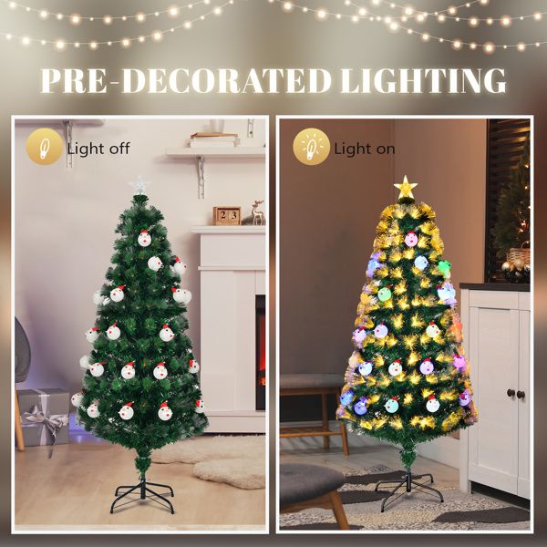 Pre-lit fiber optic Christmas tree with colorful lights and festive ornaments displayed in a cozy living room