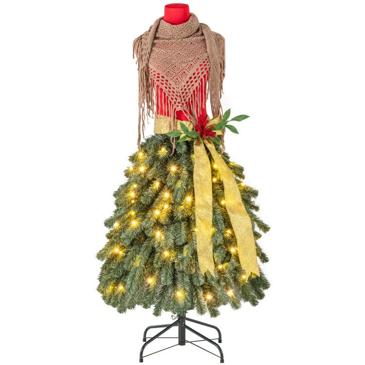 Pre-lit mannequin Christmas tree with a festive skirt, lights, and a bow for holiday decor