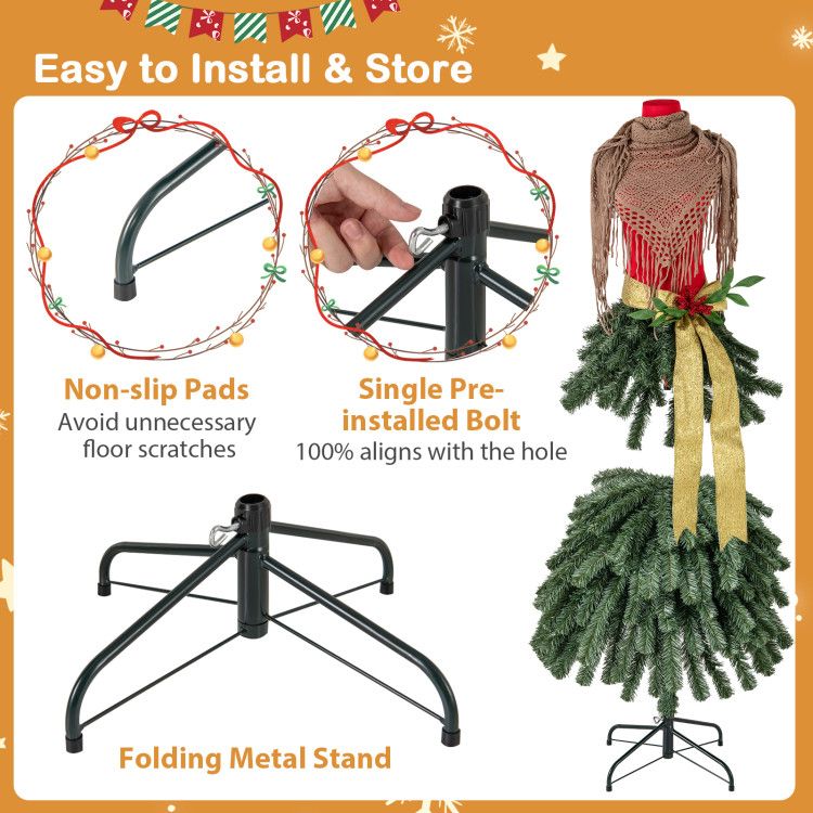 Features of the pre-lit mannequin Christmas tree including a metal stand and installation instructions
