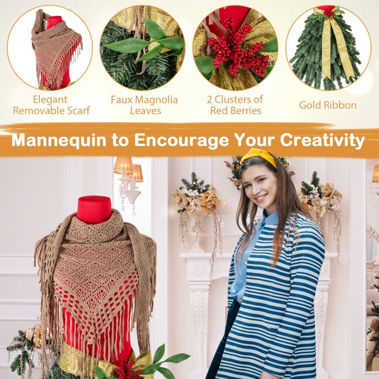 Pre-lit mannequin Christmas tree displaying elegant decor with gold ribbon, berries, and removable scarf