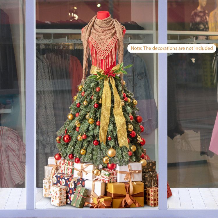 Elegant pre-lit mannequin Christmas tree adorned with red and gold ornaments, displaying holiday spirit