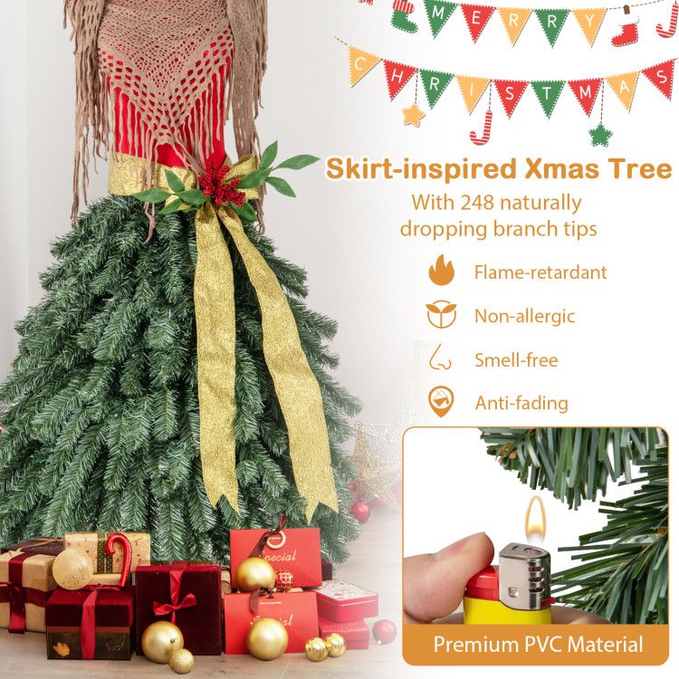 Pre-lit mannequin Christmas tree with skirt-inspired design and 248 flame-retardant branch tips