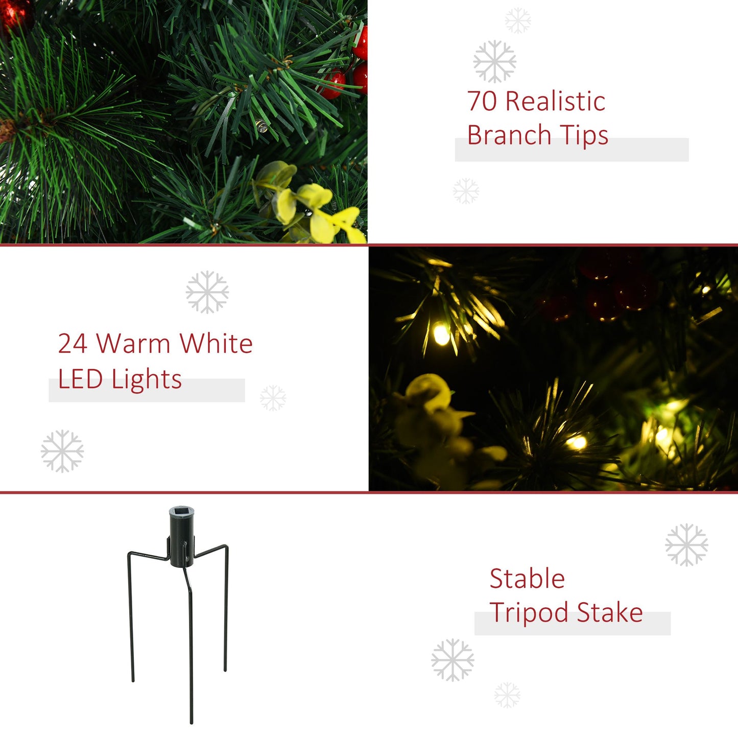 Pre-lit outdoor Christmas tree set with 70 realistic branch tips, 24 warm white LED lights, and stable tripod stake