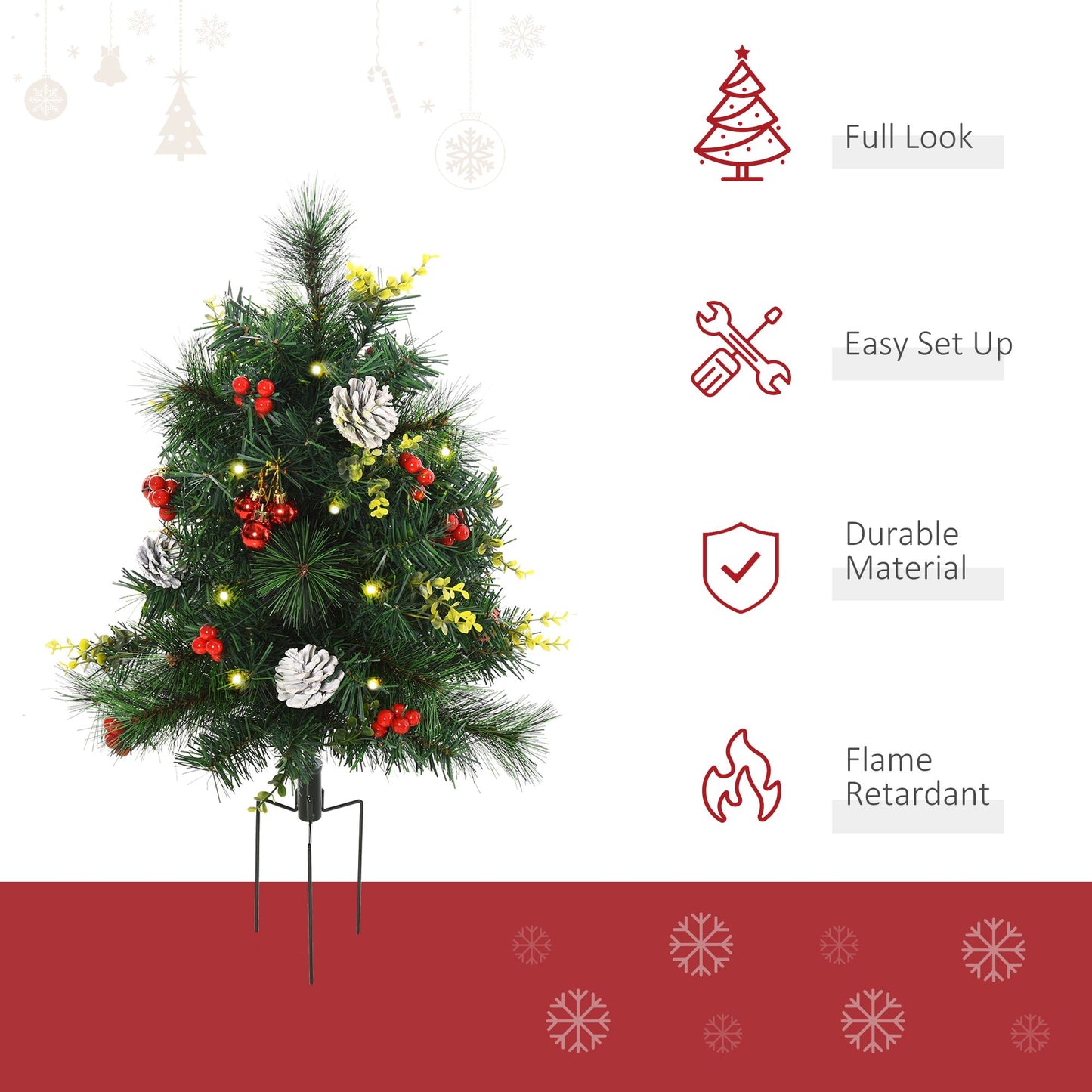 FauxMart.com pre-lit outdoor Christmas tree set with red berries white pinecones and yellow accents on metal stand