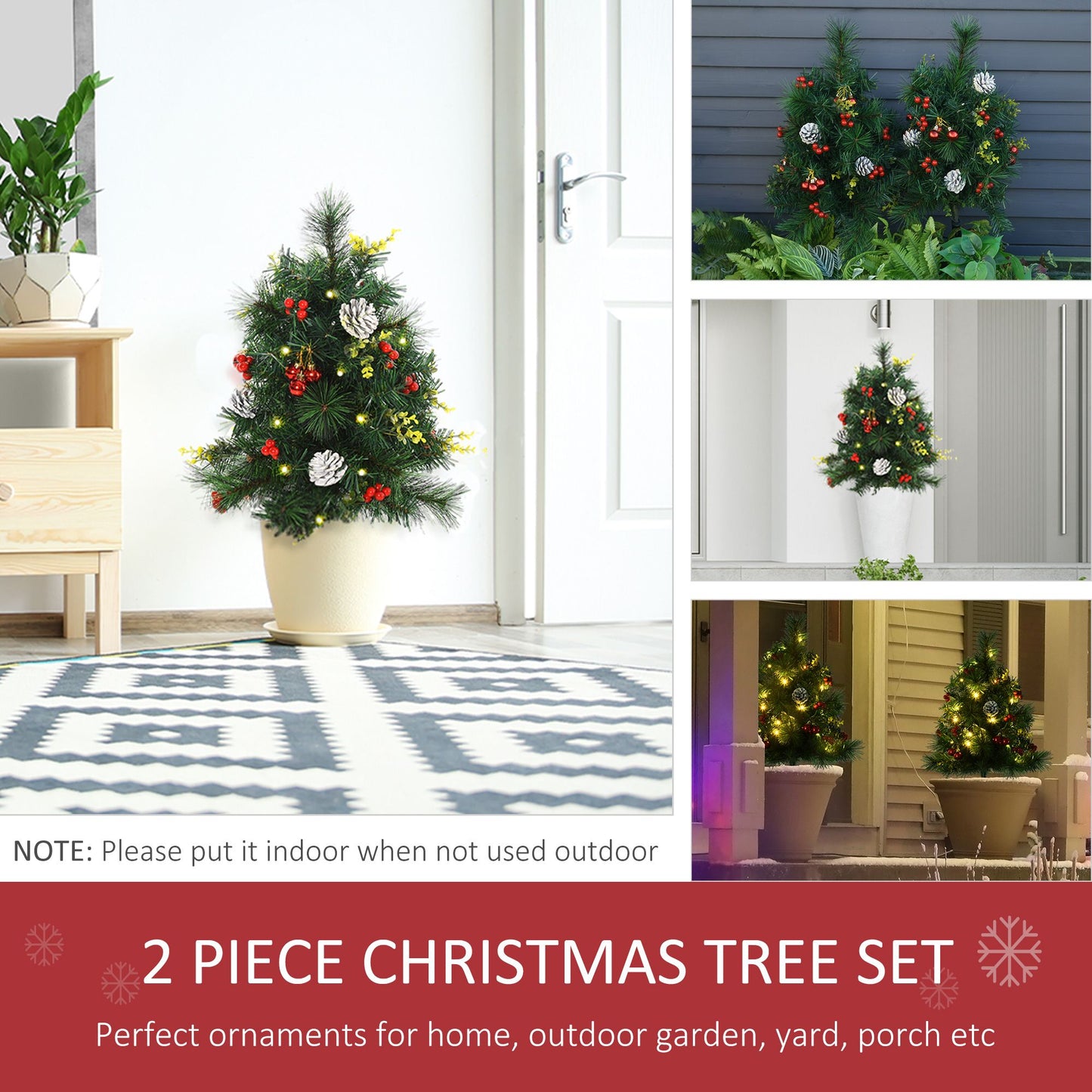 Pre-lit outdoor Christmas tree set with festive ornaments perfect for home and garden decoration