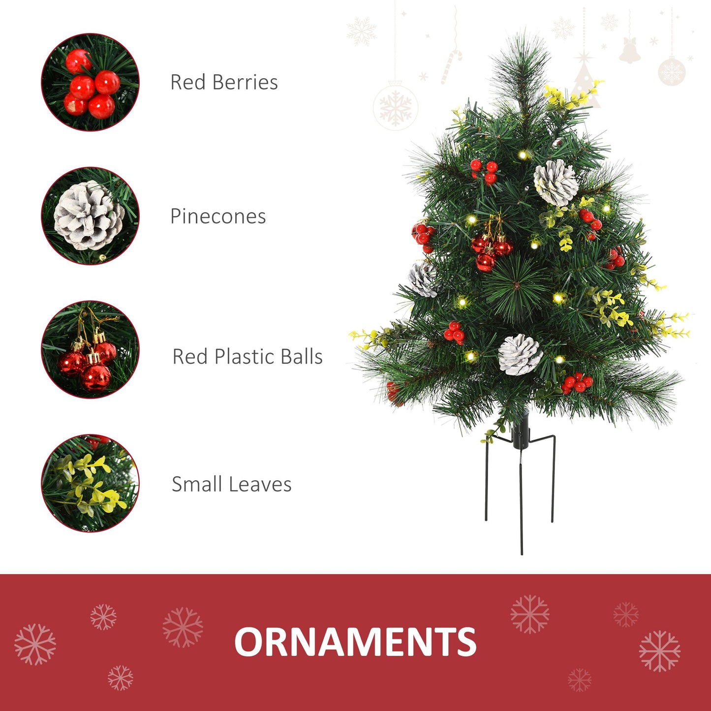 Pre-lit outdoor Christmas tree set with red berries pinecones red plastic balls and small leaves ornaments