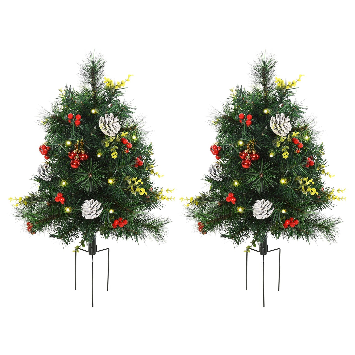 FauxMart.com pre-lit outdoor Christmas tree set with pine cones red berries and yellow accents