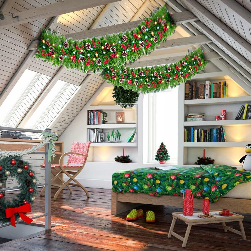 Decorative prelit artificial Christmas garland adorning a cozy attic bedroom for festive holiday charm