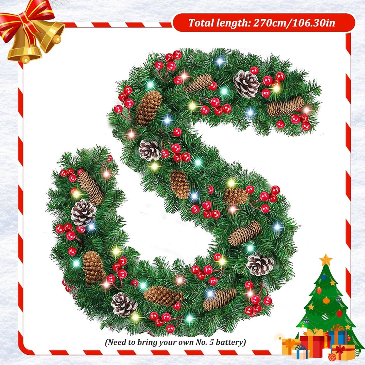 Prelit artificial Christmas garland with pinecones and berries, ideal for festive home decoration