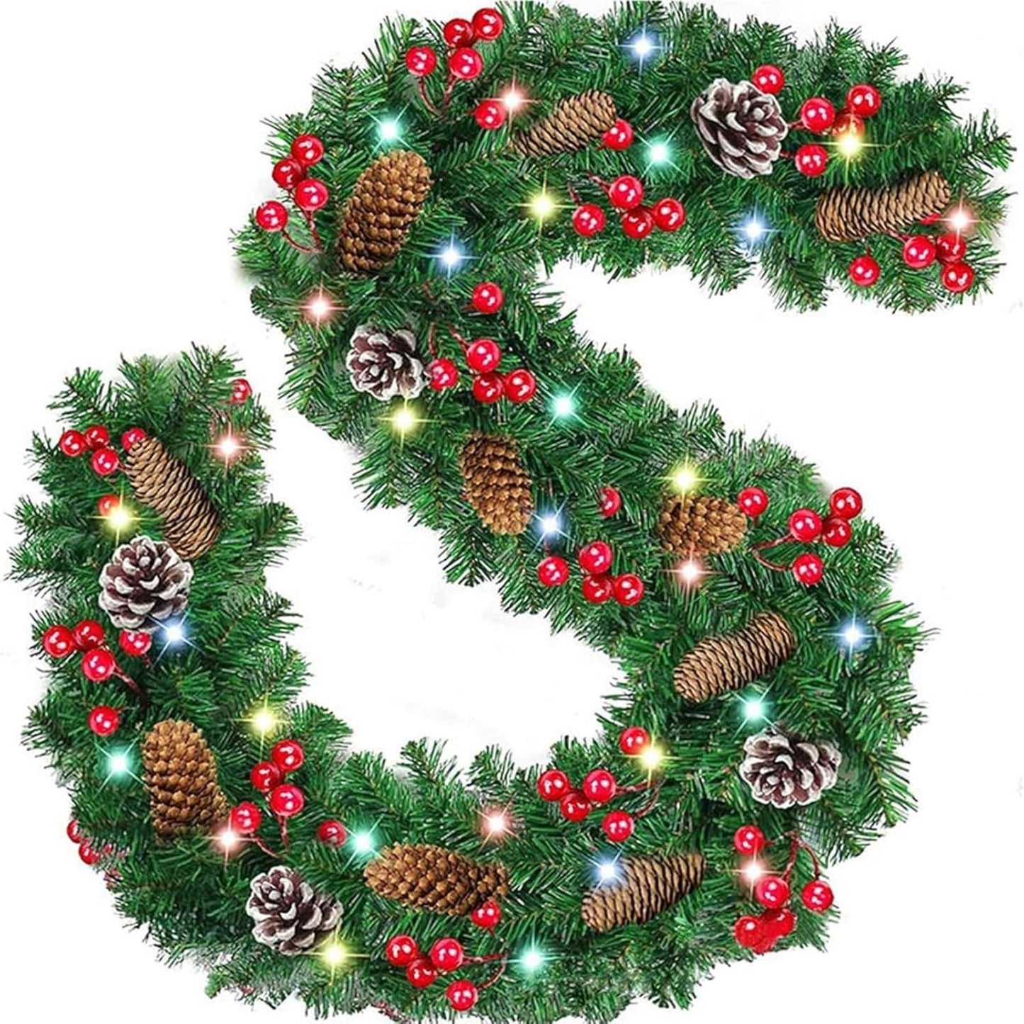 Prelit artificial Christmas garland decorated with pinecones and red berries for holiday decoration