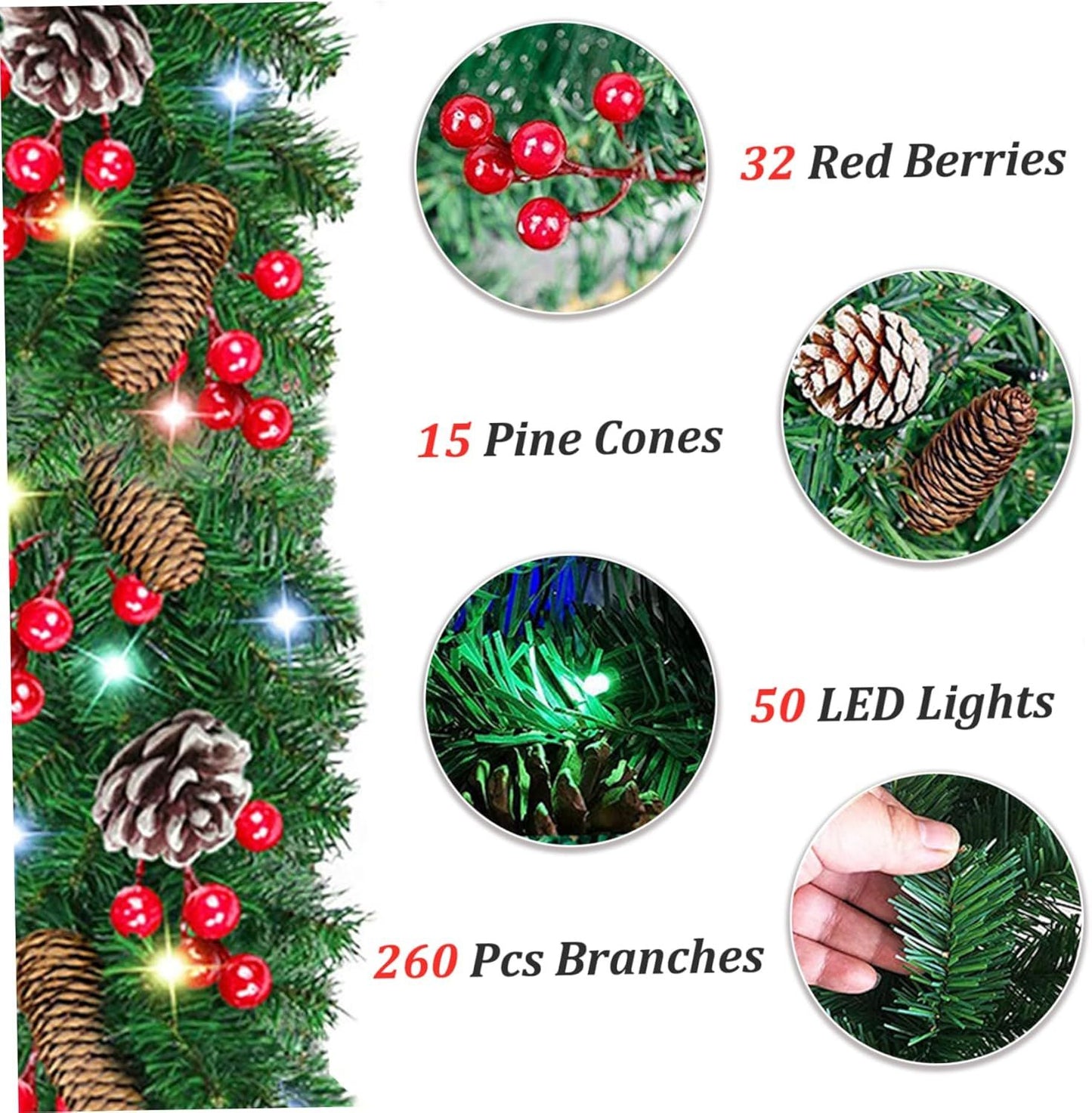 Prelit artificial Christmas garland with red berries, pine cones, and 50 LED lights for festive decor