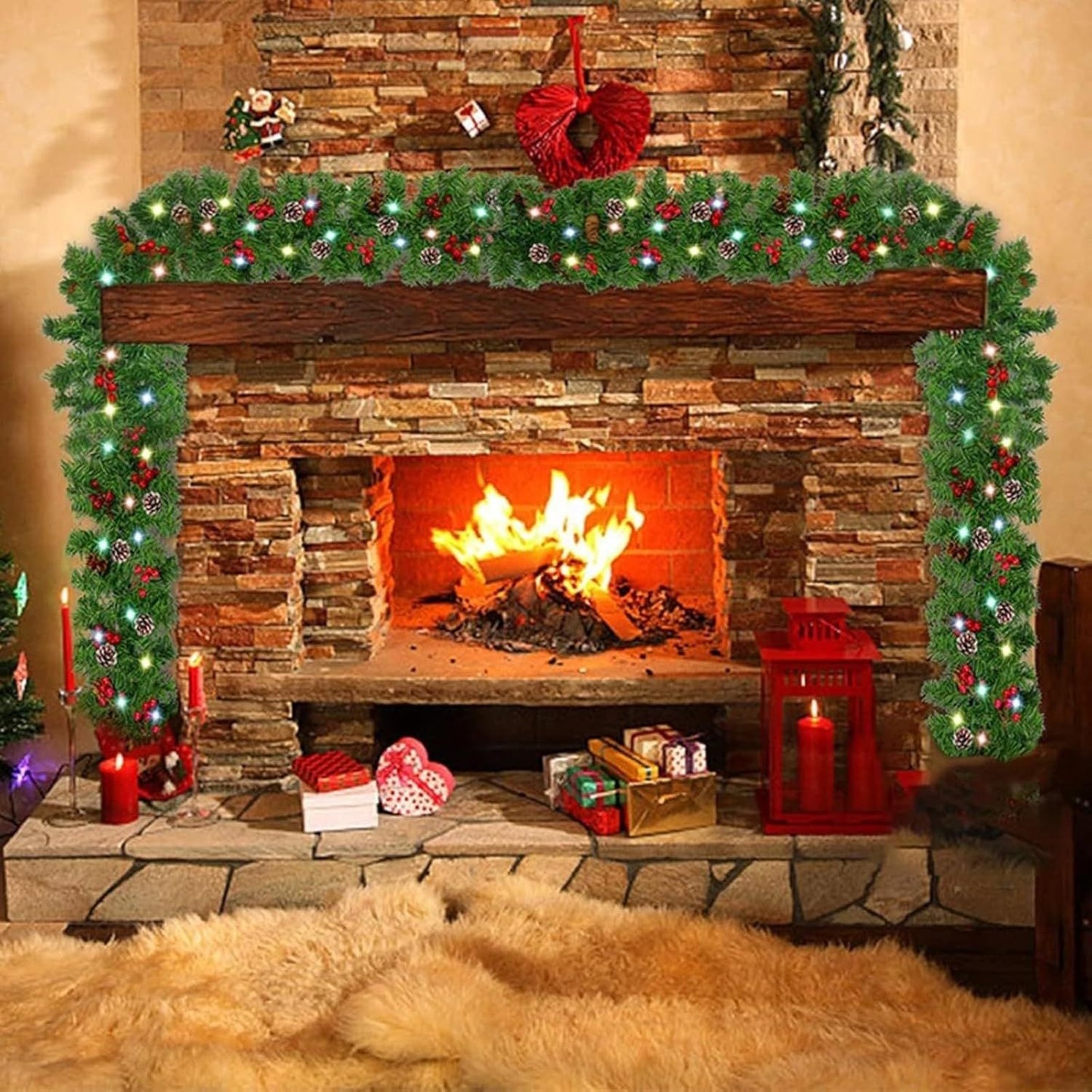 Prelit artificial Christmas garland with festive decorations above a cozy fireplace