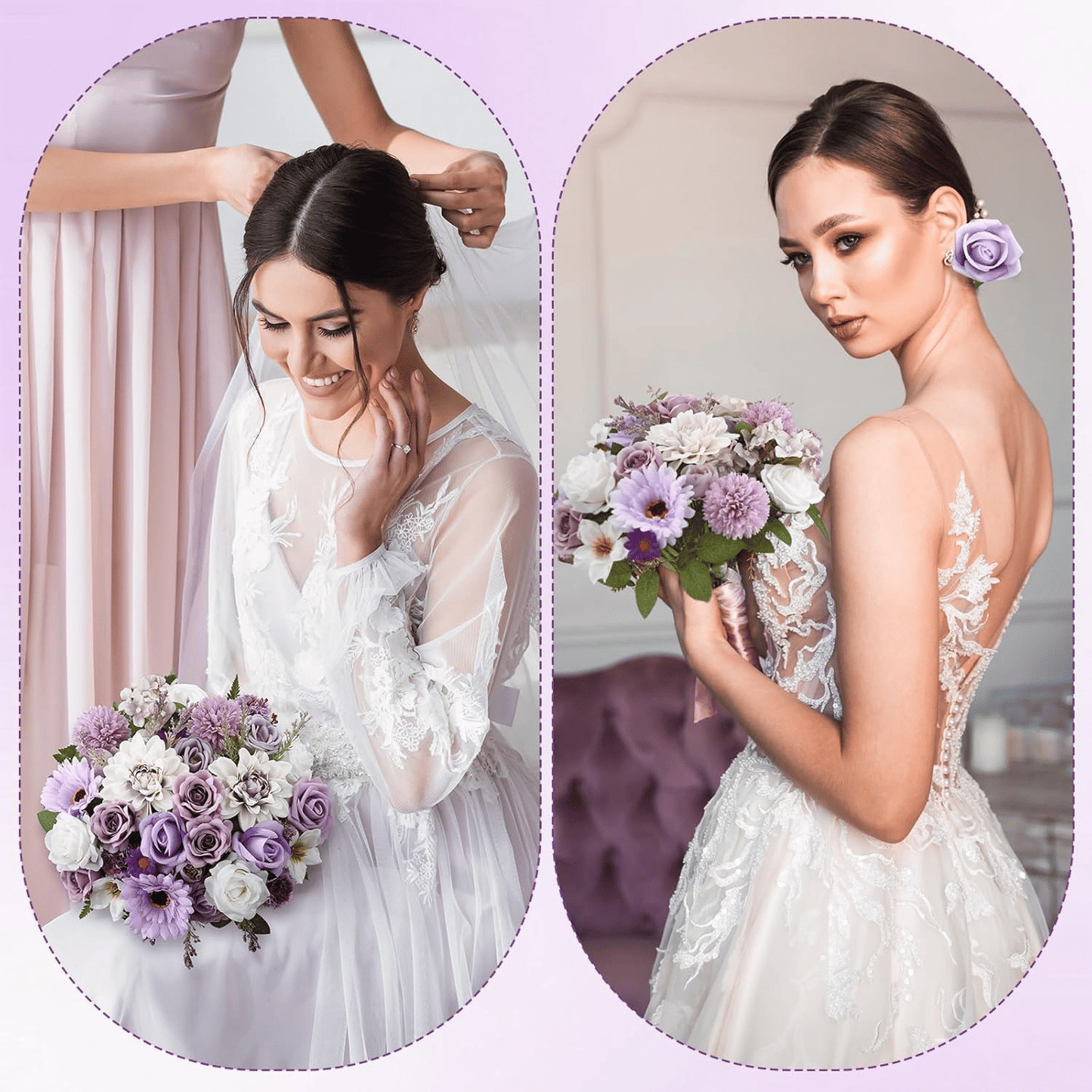 Elegant bride holding a purple artificial flower arrangement with mixed lavender and white blooms