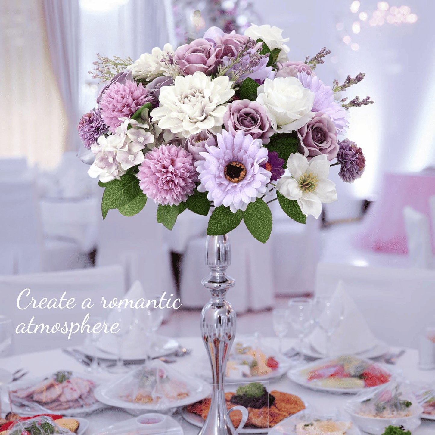 Purple artificial flower arrangement with white and purple blooms in a decorative vase on a dining table