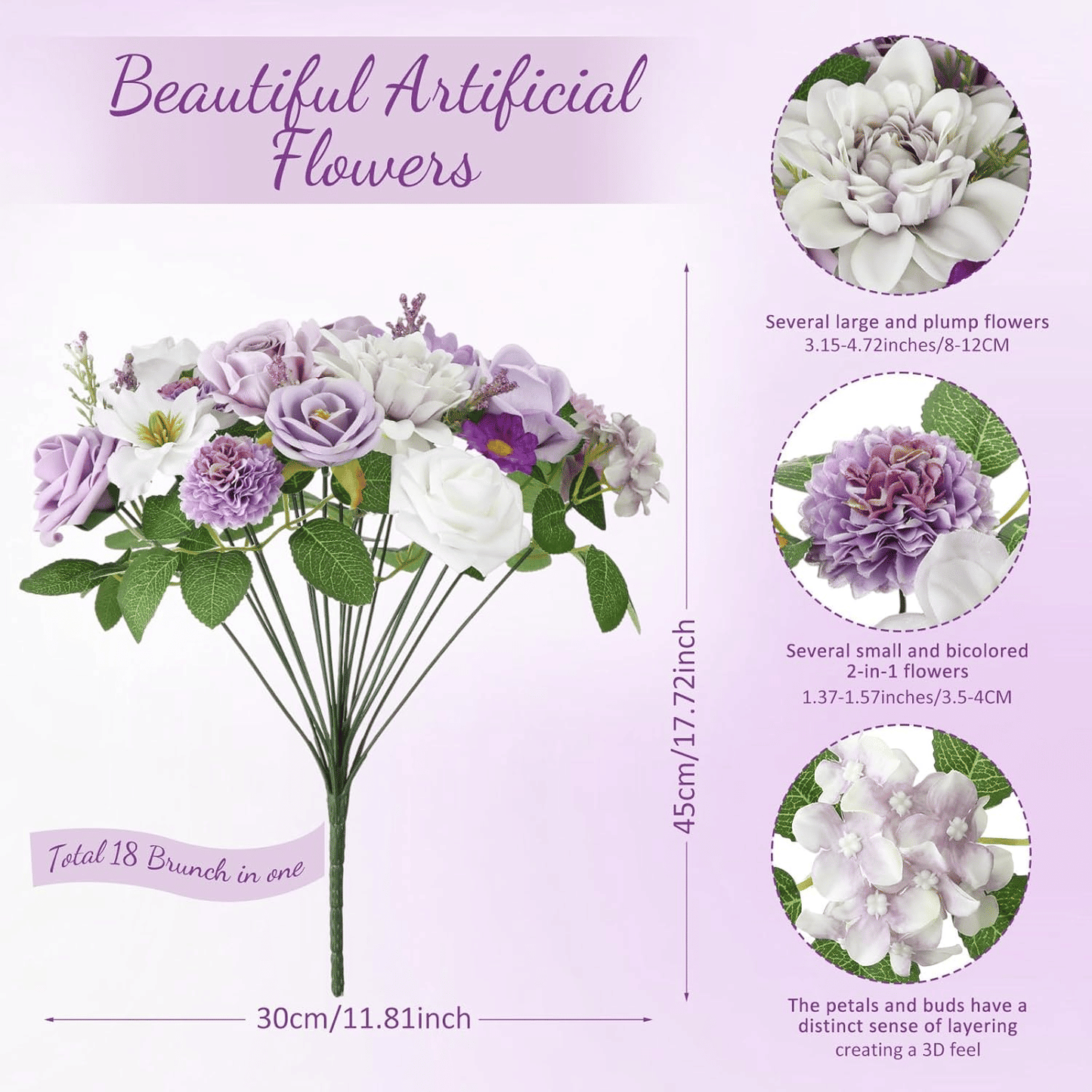 Purple artificial flower arrangement with 18 blooming flowers including large and small blooms and green leaves