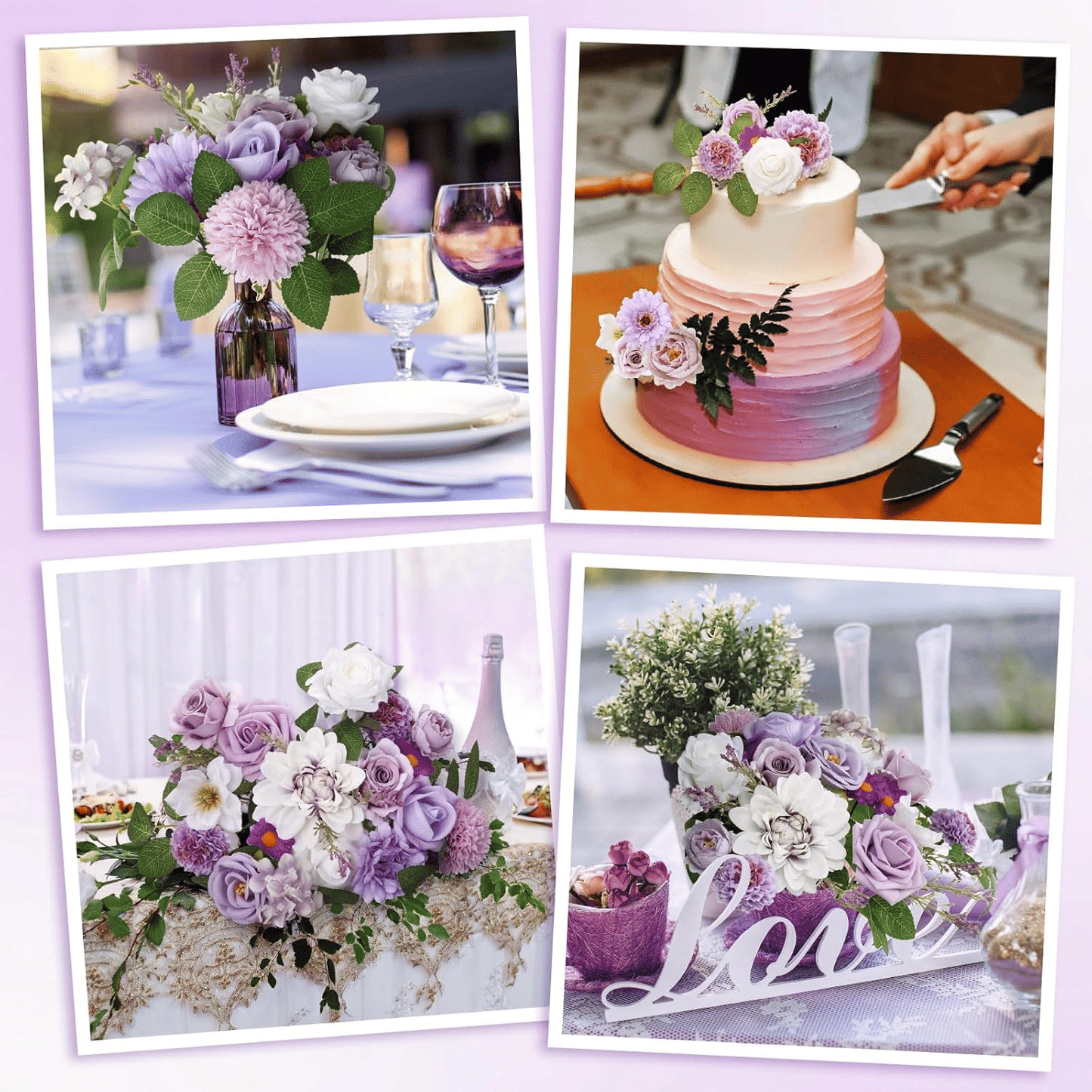 Purple artificial flower arrangement displayed in various elegant settings including table centerpiece and cake decoration