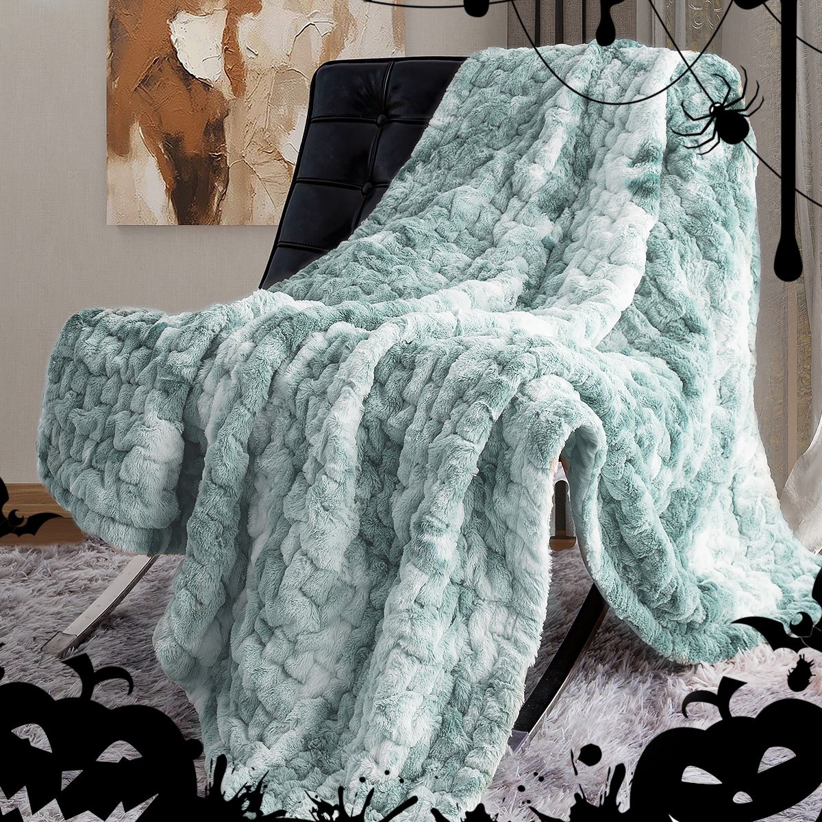 Light blue ruched faux fur throw blanket draped over modern black chair in cozy living room