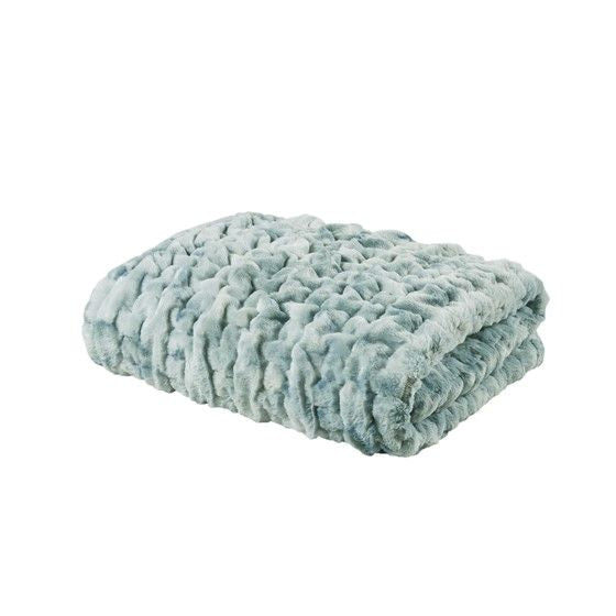 Soft light gray ruched faux fur throw blanket neatly folded for cozy home decor