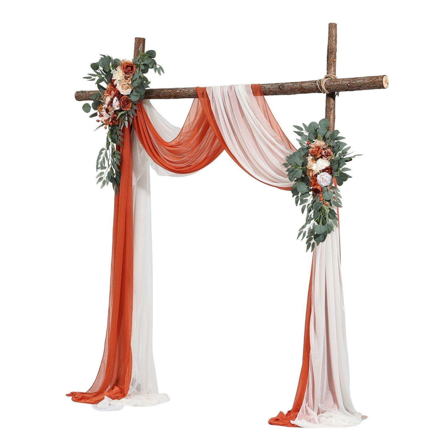 Rustic wooden wedding arch decorated with burnt orange wedding arch flowers and draped white and orange fabric