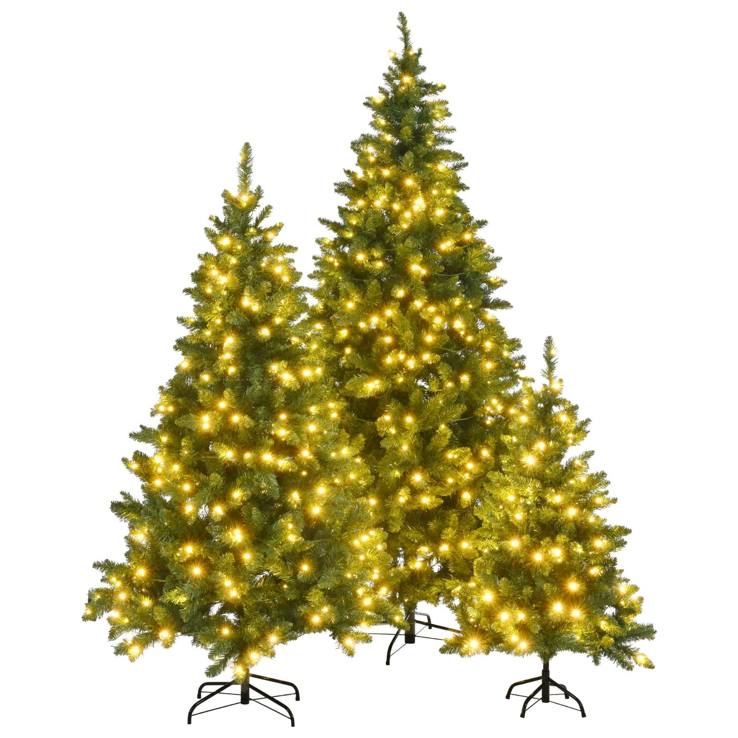 Three slim artificial Christmas tree with lights in varying sizes with warm white LED bulbs