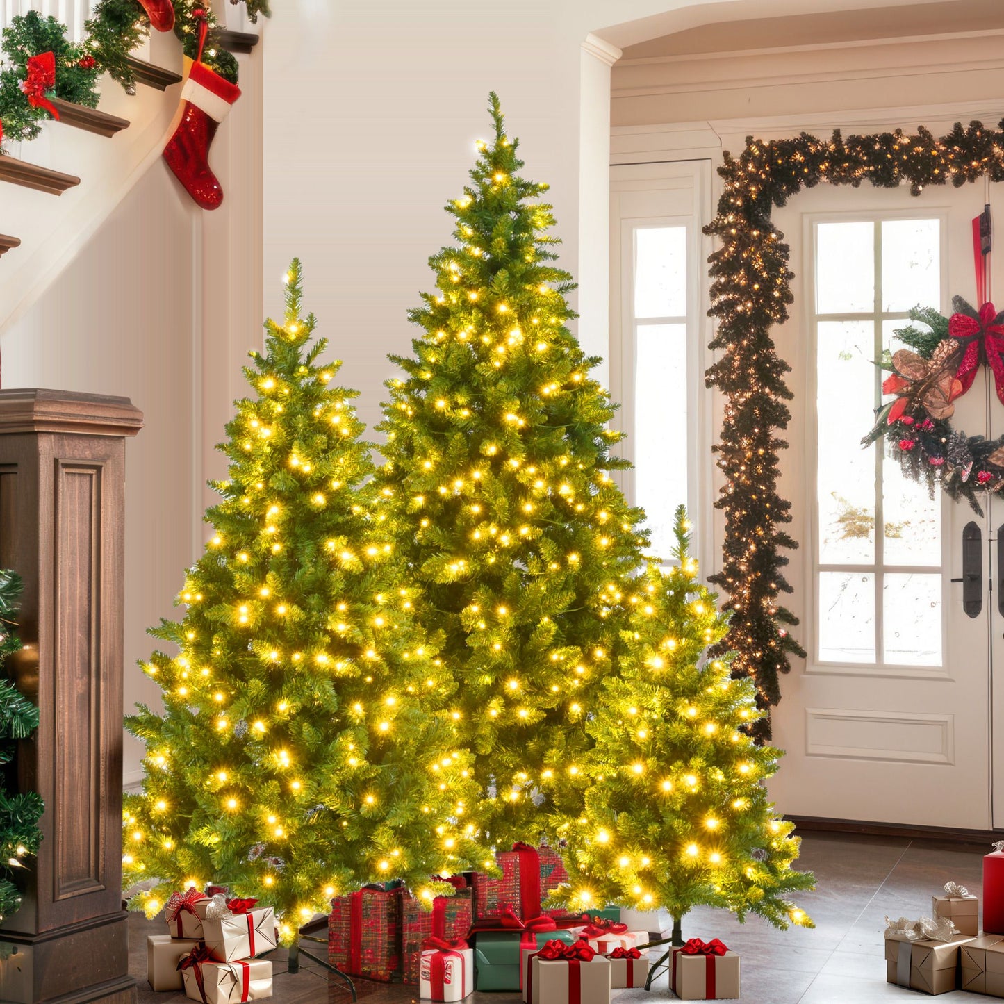 Slim artificial Christmas tree with lights displayed in a cozy living room with gifts and holiday decorations