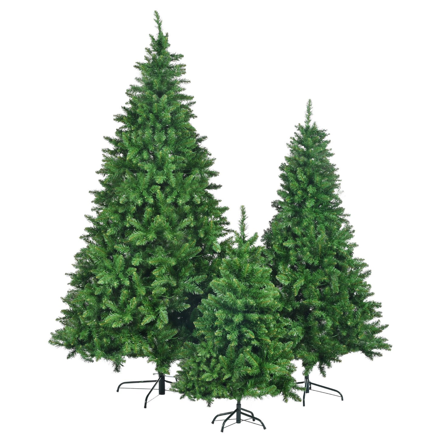 Set of three green slim artificial Christmas tree with lights in various heights on metal stands