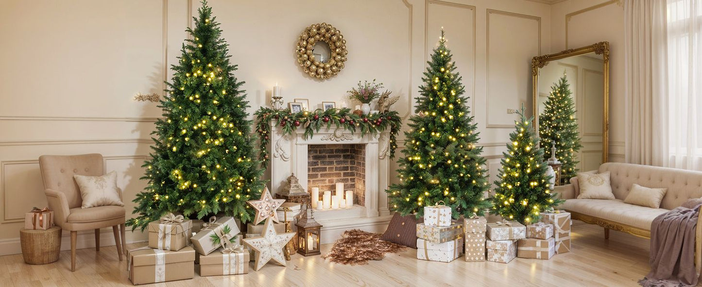 Slim artificial Christmas tree with lights set up in cozy living room decorated with wrapped gifts and festive garland
