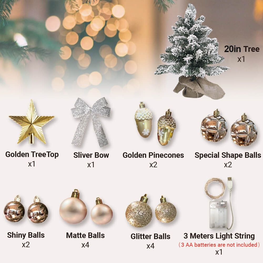 Small Xmas tree for office desk with 20 inch snowy tree and gold silver decorations set
