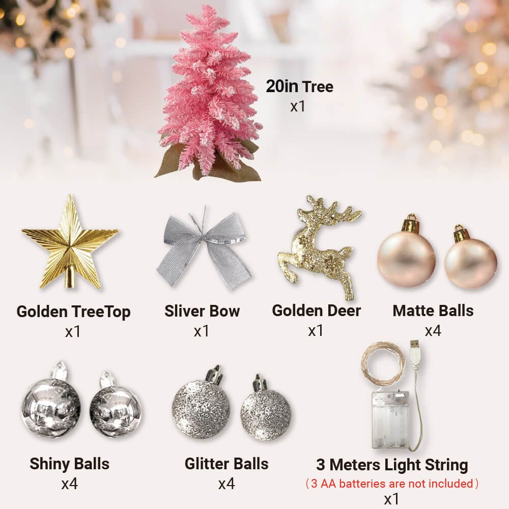 Small Xmas tree for office desk pink 20 inch with golden tree top silver bow golden deer matte shiny glitter balls and 3 meter light string