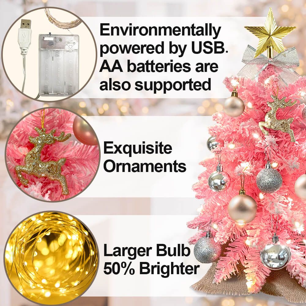 Pink small Xmas tree for office desk with USB power option, exquisite ornaments, and bright LED bulbs