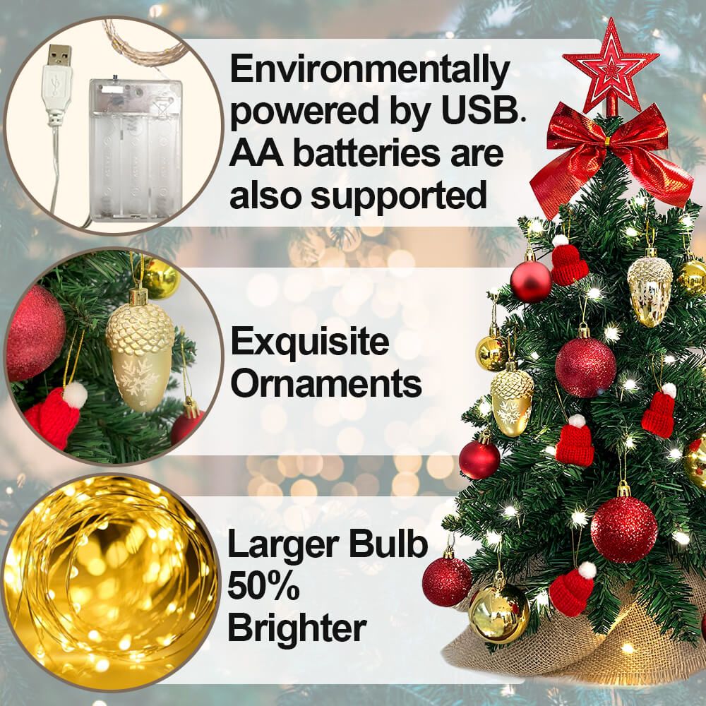 Small Xmas tree for office desk with exquisite ornaments, bright lights, and USB or AA battery power